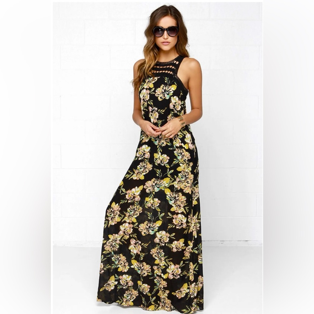 O'Neill Moore Black Floral Print Maxi Lace Dress size Small